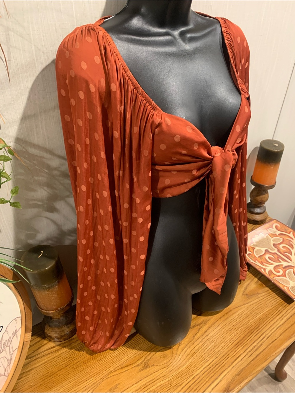 By Together Rust Polka Dot Tie-Front Crop Top - Picture 4 of 11